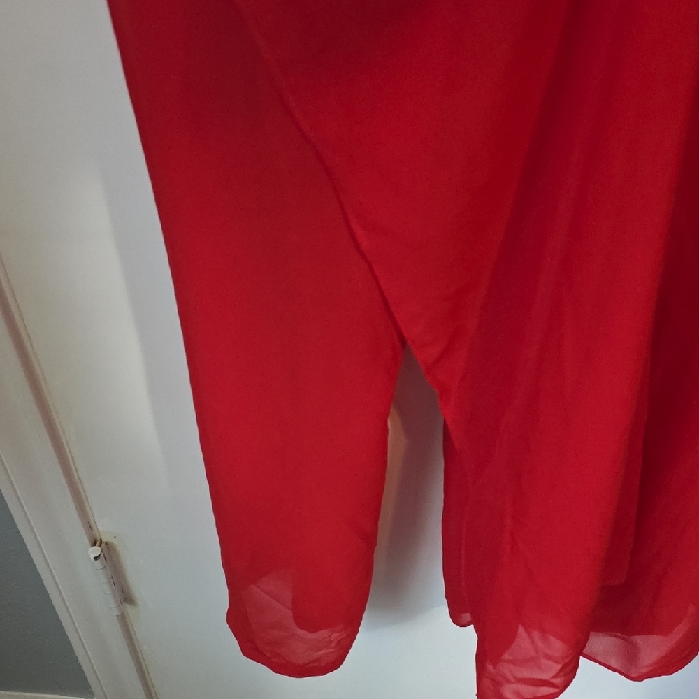 Nwot One-Shoulder Red Wide-Leg Jumpsuit with Sheer Draped Sleeve - Picture 6 of 11